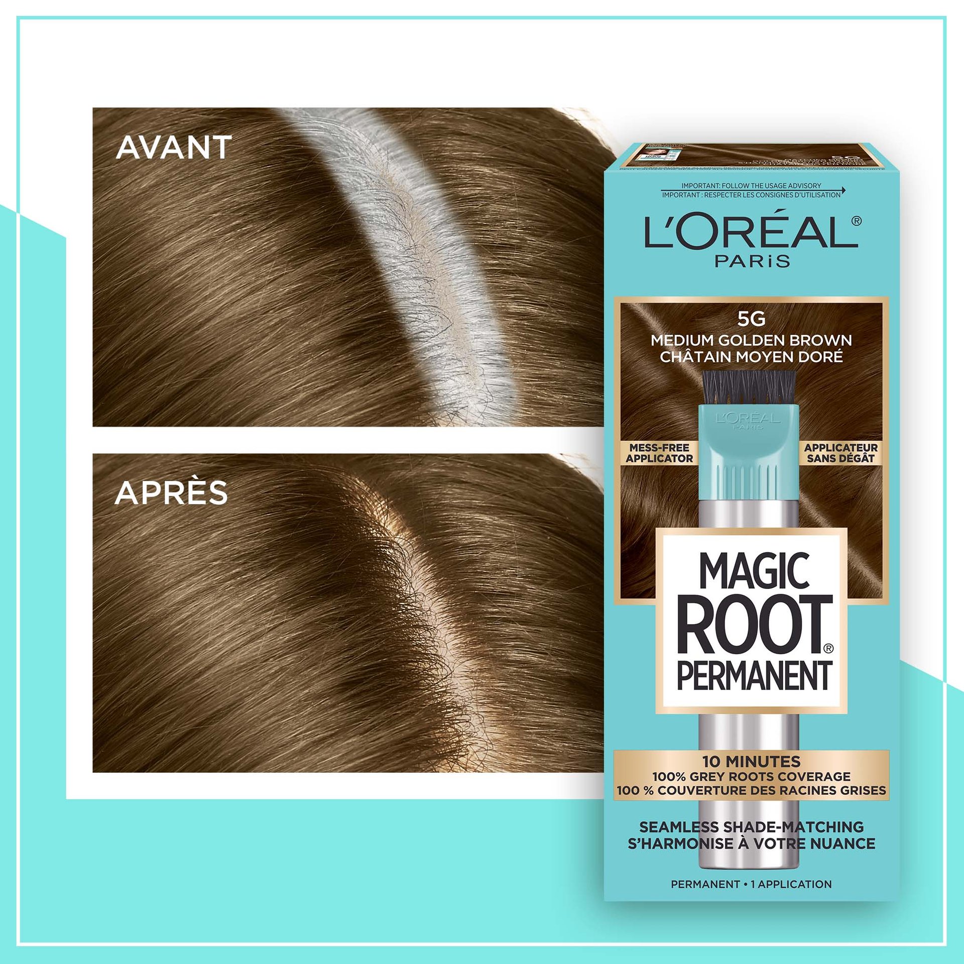 Avant et après la coloration Magic Root Permanent 5G Châtain Moyen Doré